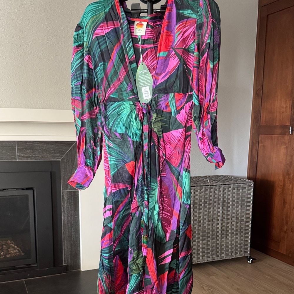 FARM Rio Vibrant Leaf Print Long Sleeve Dress